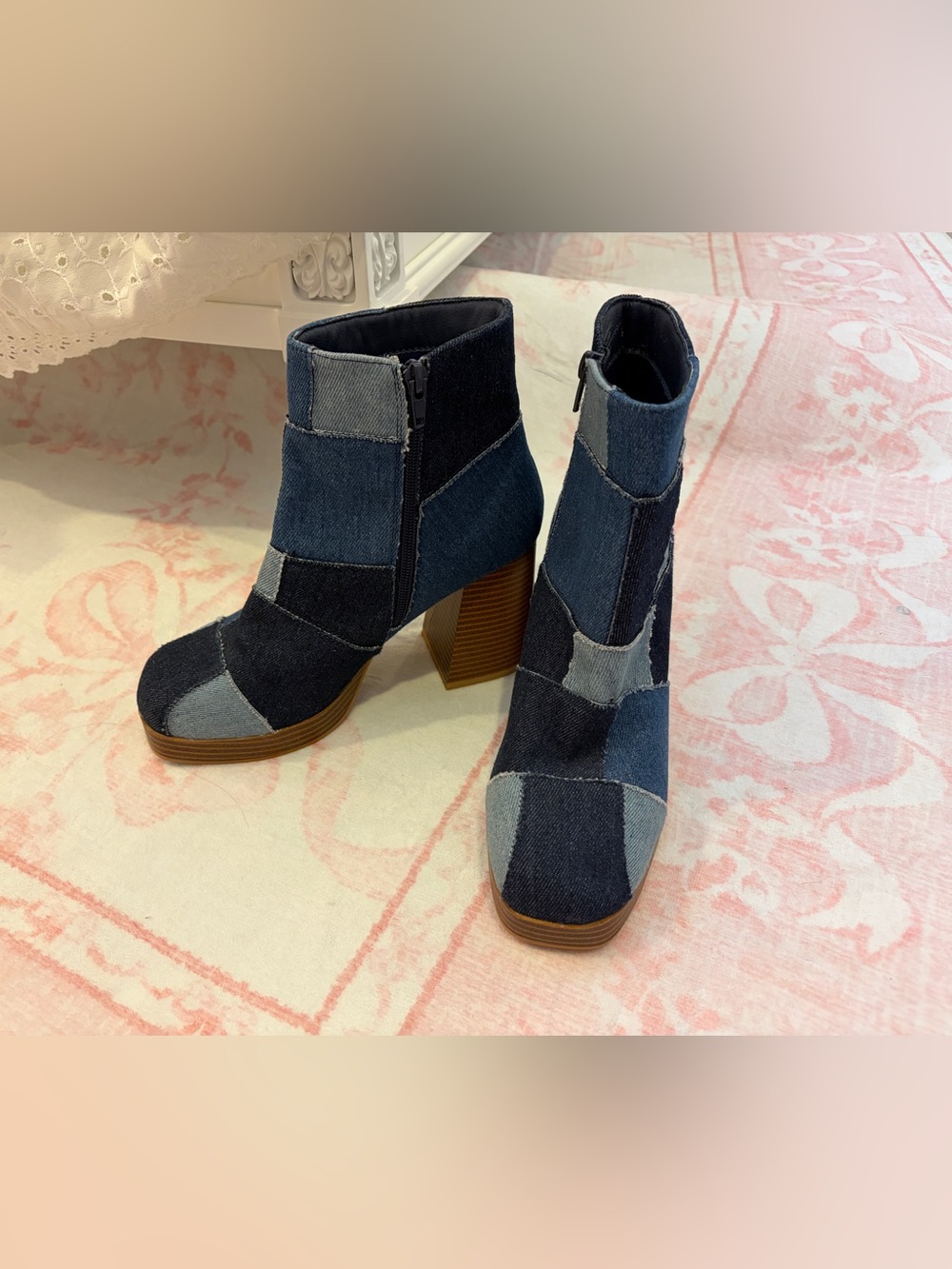 Sugar Patchwork Denim Ankle Boots in Dark and Light Blue - Size 8